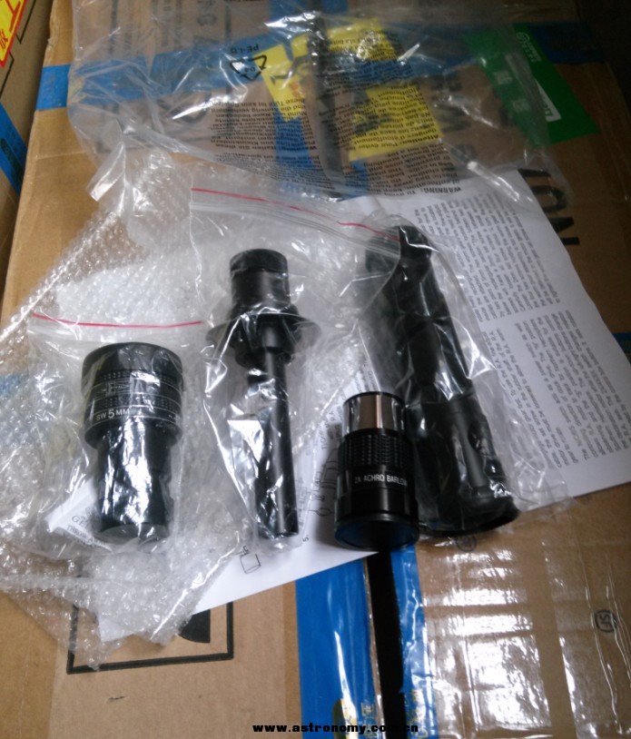 从左到右，TMB5，极昼镜，晶华2X，校准目镜