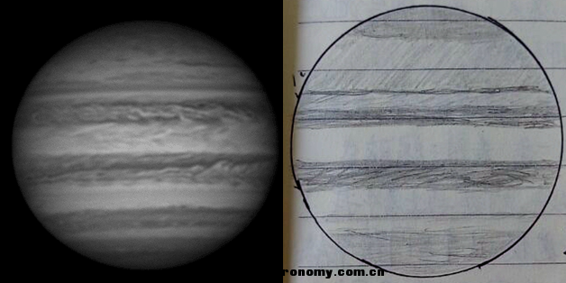 第三日素描与当晚好友用C8拍摄的木星的对比图