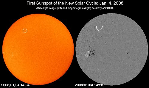 Images of the first sunspot of Solar Cycle 24 taken by the NASA/ESA Solar and Heliospheric Observato