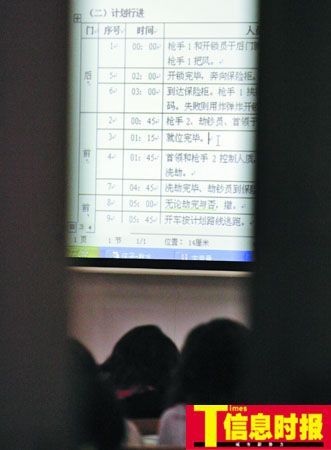在广外第二教学楼2楼一个课室,学生们正对着投影机讨论“打劫银行”的方案。  ... ...