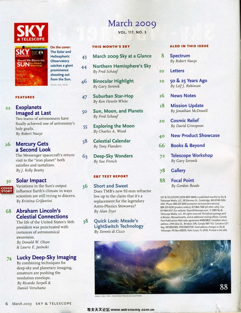 2009年3月号国际天文年美国<<天空和望远镜>>杂志目录